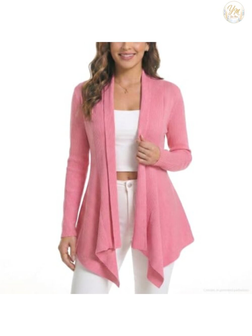 Open Front Draped Cardigan Ribbed Knit Long Sleeve Asymmetrical Hem